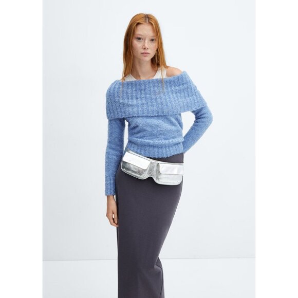 MNG Mango Off The Shoulder Knitted Sweater in Blue - Picture 2 of 4
